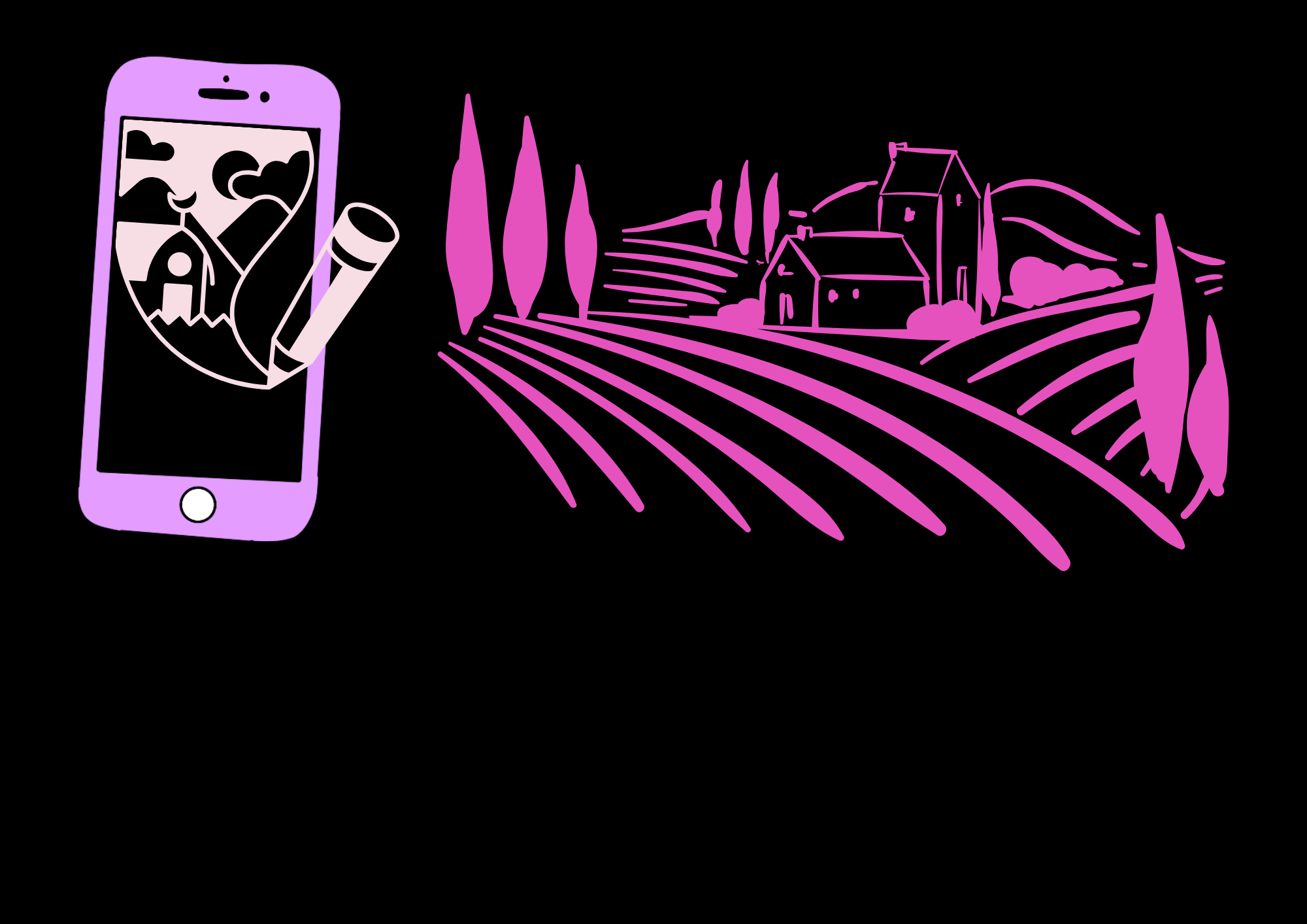 Pink graphics on black background showing a pink smartphone on the left displaying a sommelier figure in formal attire holding a wine glass, and on the right a detailed pink vineyard landscape illustration with rolling hills, vineyard rows, cypress trees, winery buildings, and mountains, representing the complete wine journey from vineyard exploration to sommelier guidance.