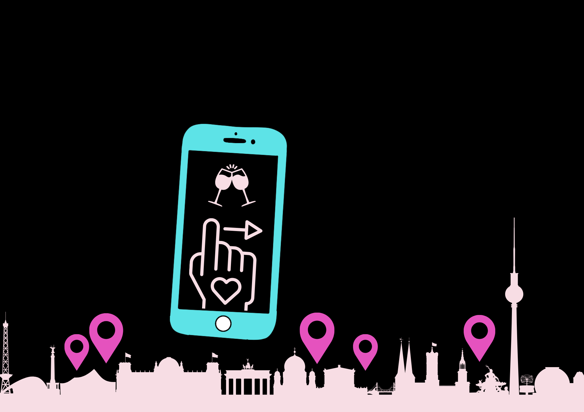 Black background with light pink city skyline silhouette featuring recognizable landmarks including Brandenburg Gate, TV Tower, church spires, and other architectural elements, with multiple pink location pin markers scattered across the skyline. In the center, a large cyan smartphone displays white icons on black screen showing two wine glasses clinking and a hand with pointing finger and heart symbol, representing the wine matching and liking functionality.