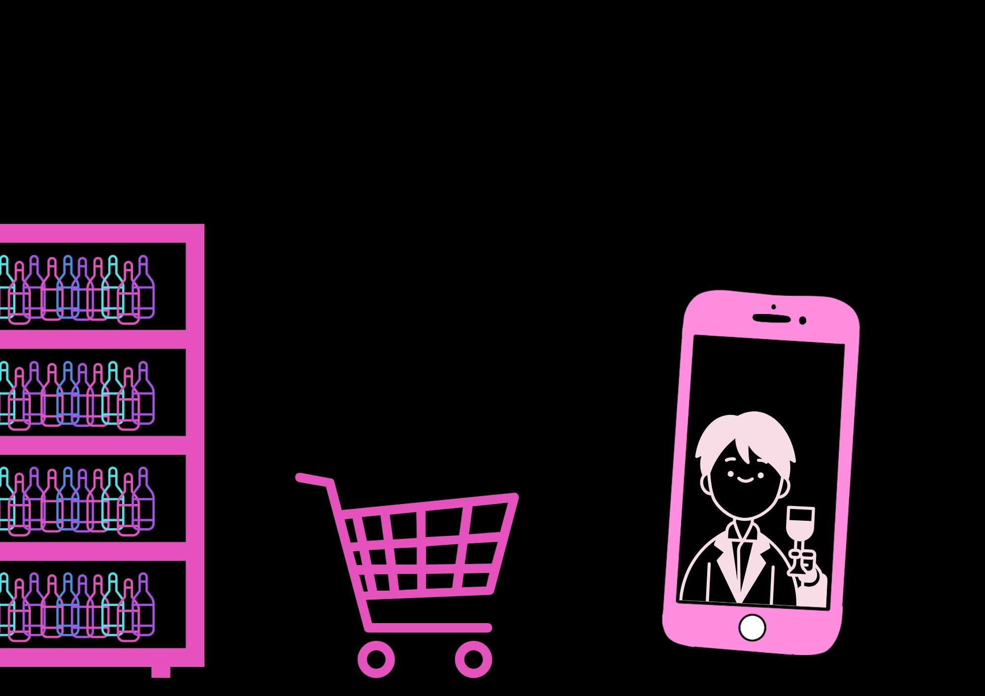 Pink graphics on black background showing a pink wine shelf display with 4 horizontal rows containing multiple wine bottles on the left, a pink shopping cart in the center, and a pink smartphone on the right displaying a sommelier figure in formal attire holding a wine glass, representing the FYWM pocket sommelier app concept.